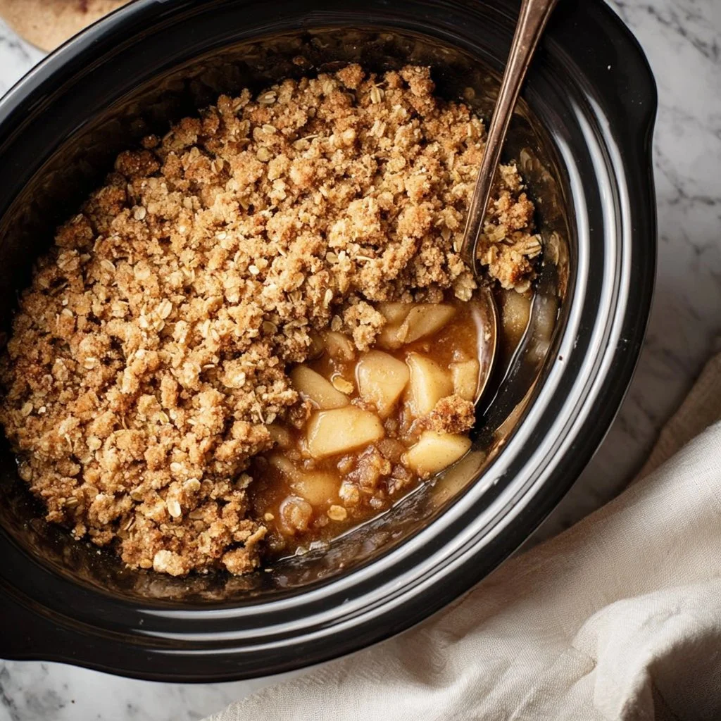 Delicious slow cooker apple crisp dessert topped with oats and cinnamon.