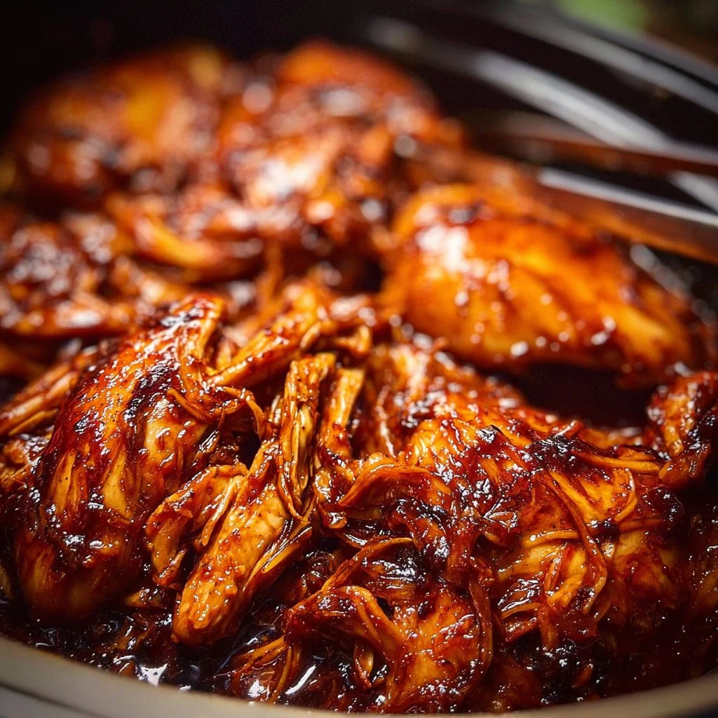 Slow Cooker BBQ Chicken served on a plate with barbecue sauce