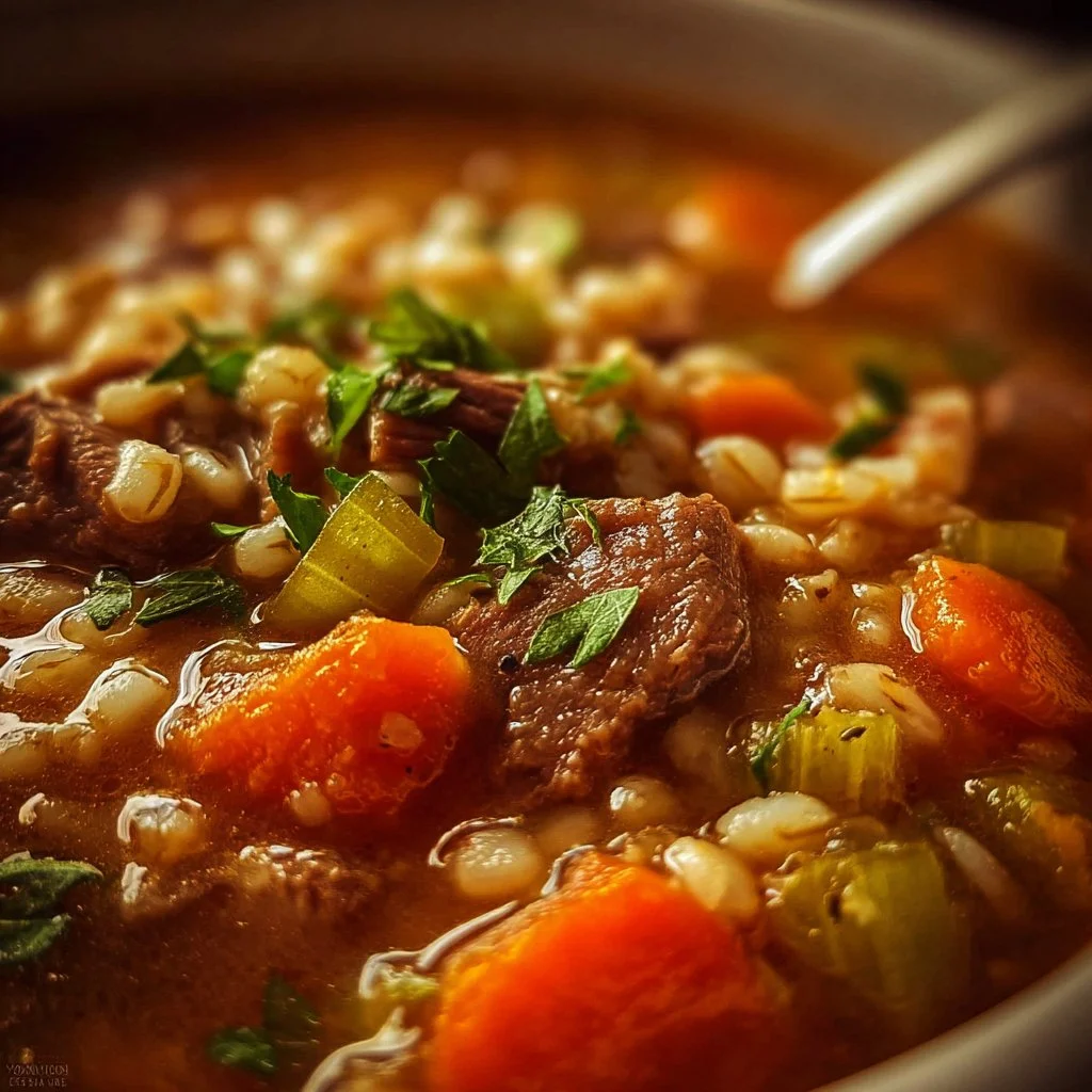 Delicious slow cooker beef barley soup with vegetables and tender beef