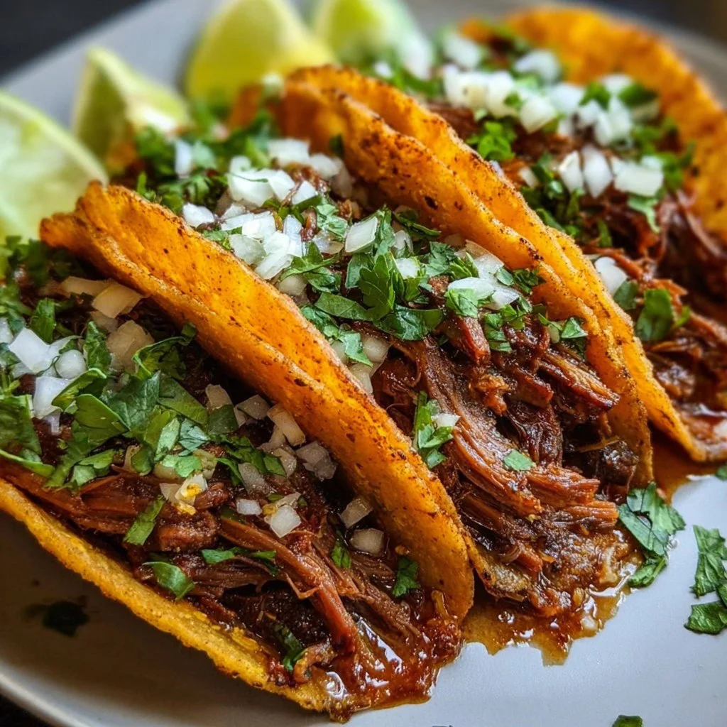 Slow cooker birria tacos with tender beef and savory sauce