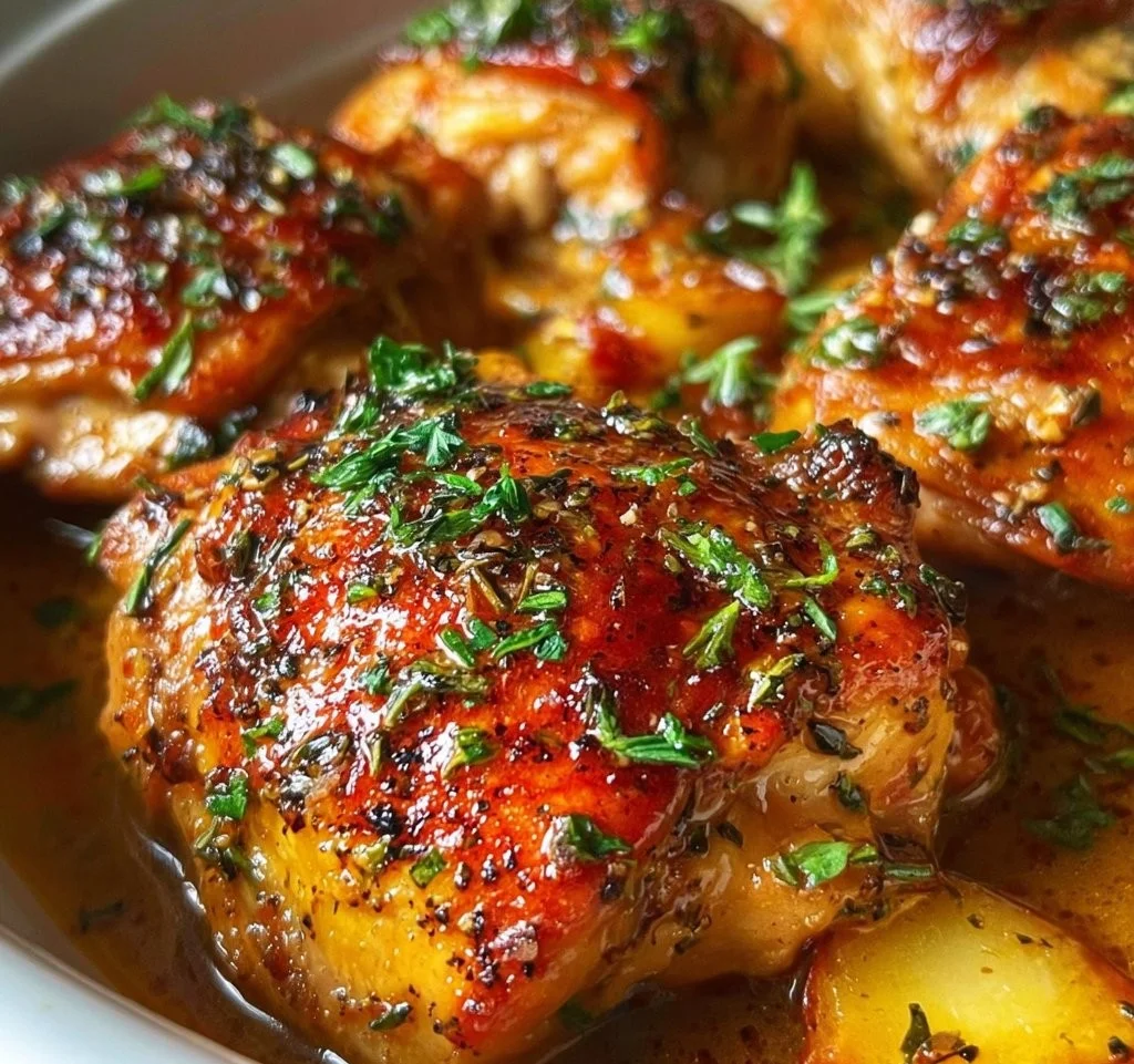 Slow cooker boneless chicken thighs cooked to perfection in savory sauce