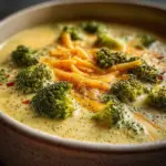 Delicious bowl of slow cooker broccoli cheddar soup topped with shredded cheese.