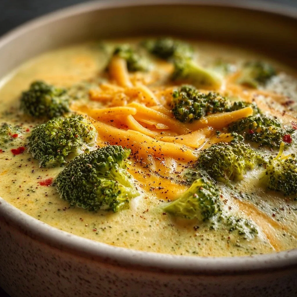 Delicious bowl of slow cooker broccoli cheddar soup topped with shredded cheese.