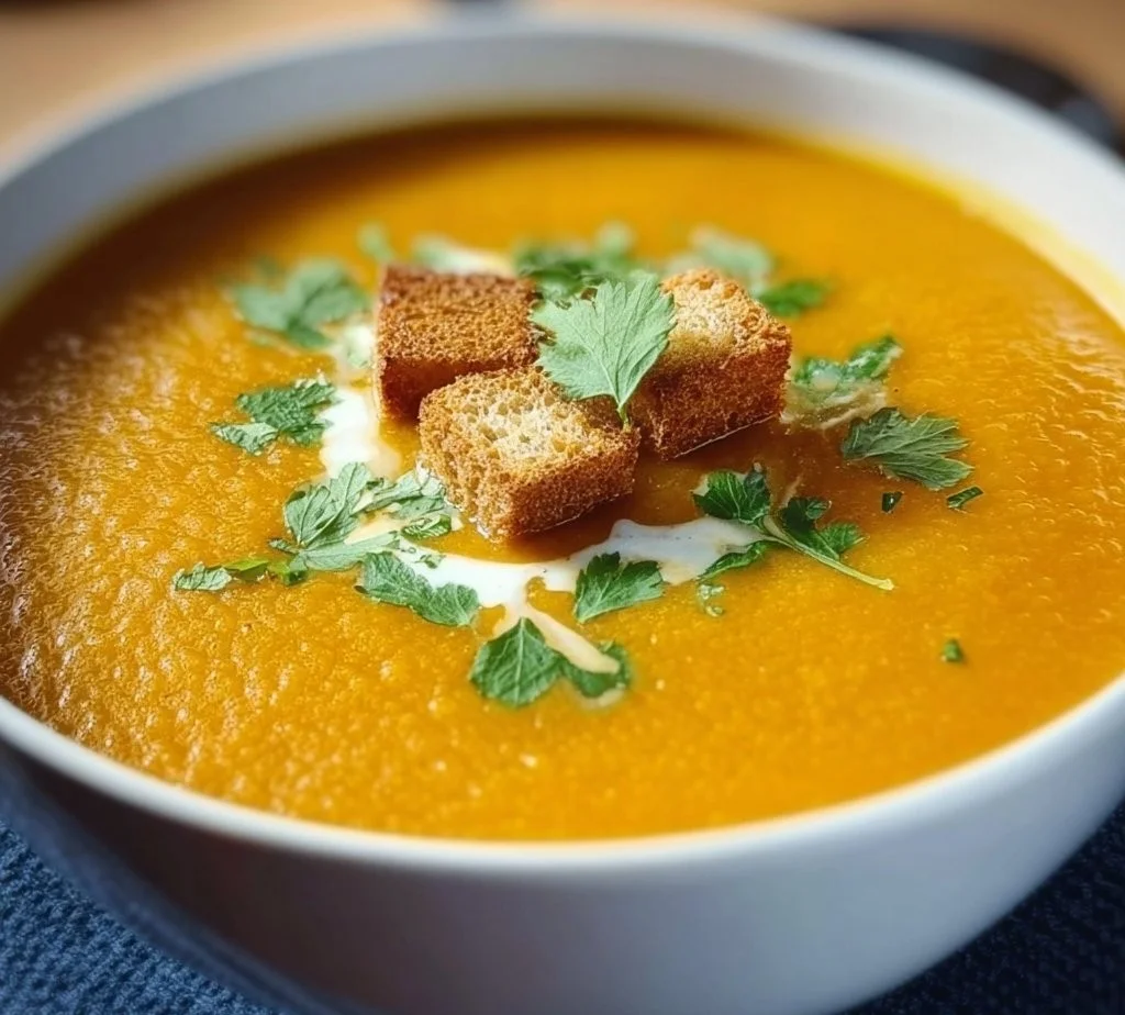Bowl of creamy slow cooker butternut squash soup garnished with herbs