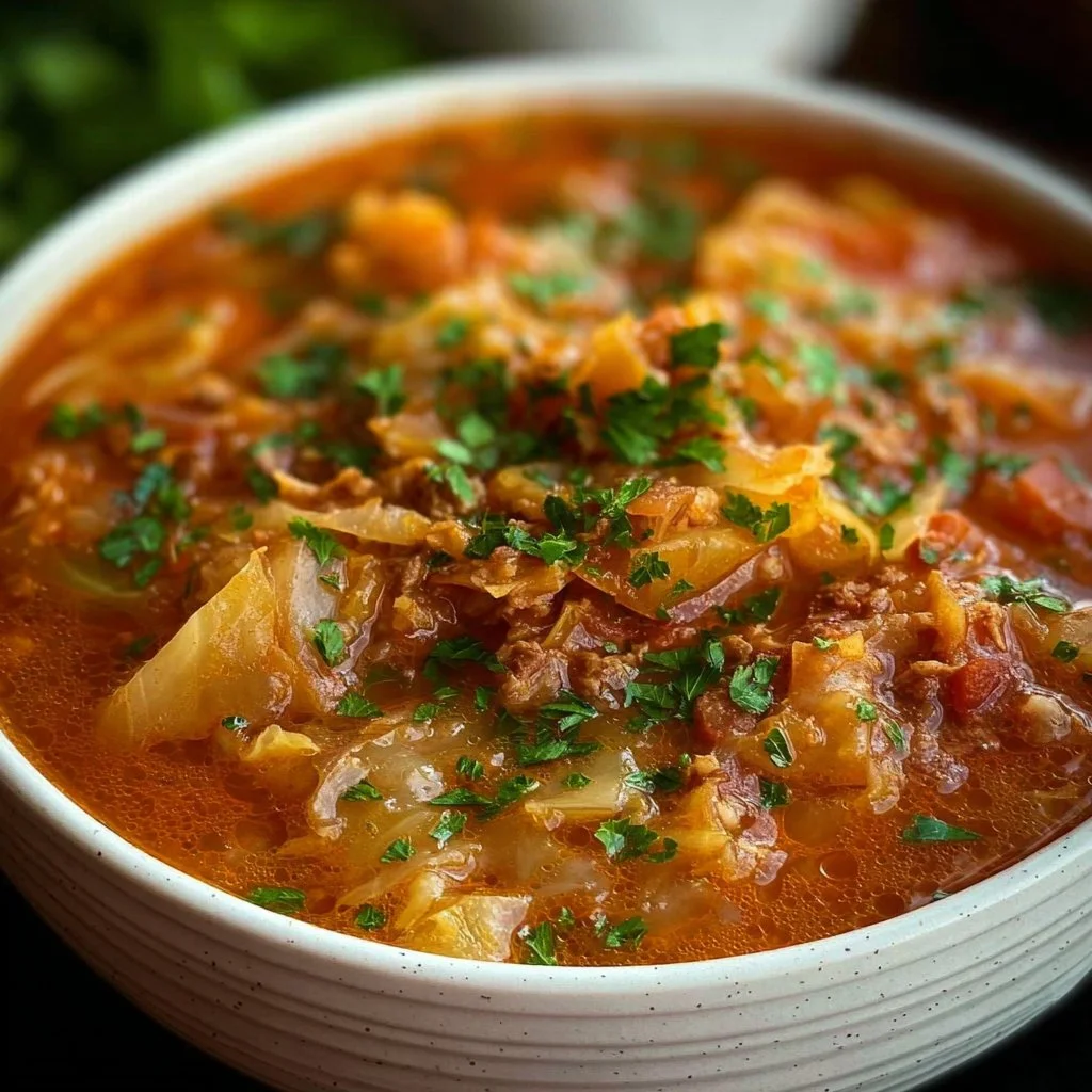 A bowl of Slow Cooker Cabbage Roll Soup garnished with herbs
