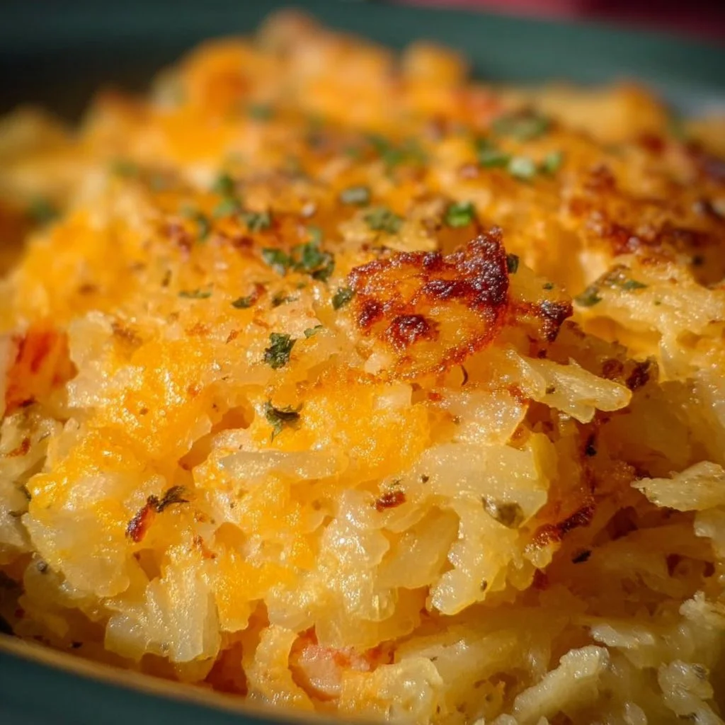 Delicious slow cooker cheesy hash brown casserole topped with melted cheese.