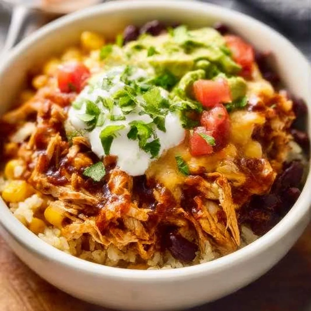 Slow-cooker chicken burrito bowl with colorful ingredients and toppings
