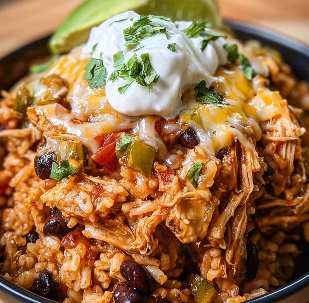 Delicious slow cooker chicken burrito bowls topped with fresh ingredients