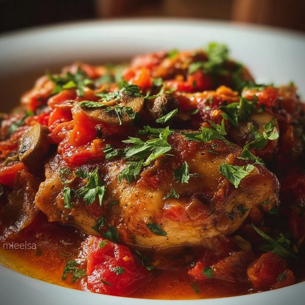 Delicious bowl of Slow Cooker Chicken Cacciatore with vegetables and herbs