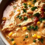 Bowl of slow cooker chicken chili topped with fresh herbs and avocado.