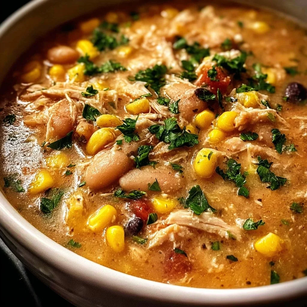 Bowl of slow cooker chicken chili topped with fresh cilantro and cheese