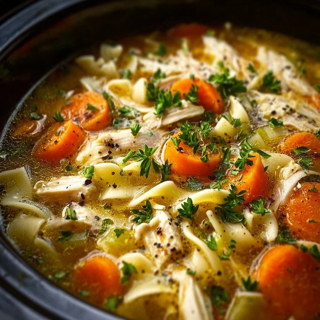 Bowl of slow cooker chicken noodle soup with fresh vegetables and herbs