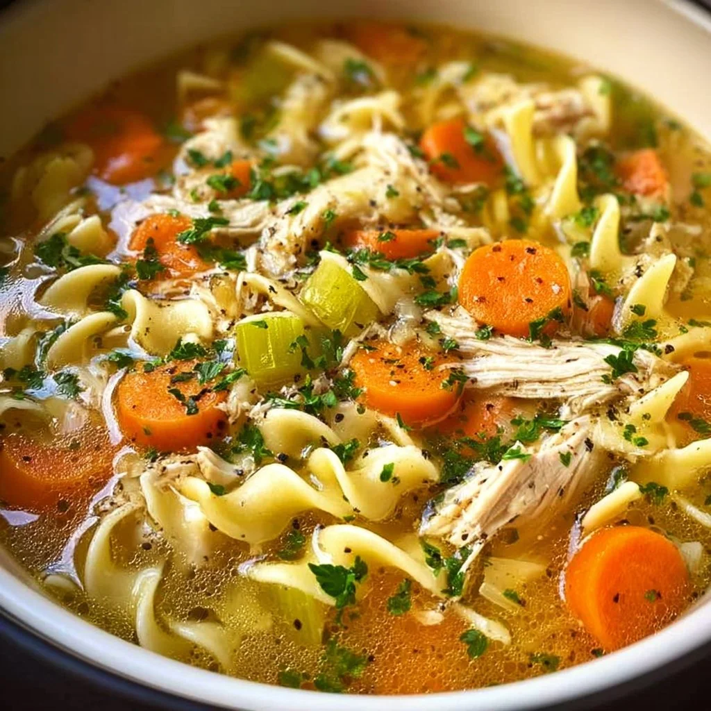 Delicious slow cooker chicken noodle soup in a bowl with fresh herbs.