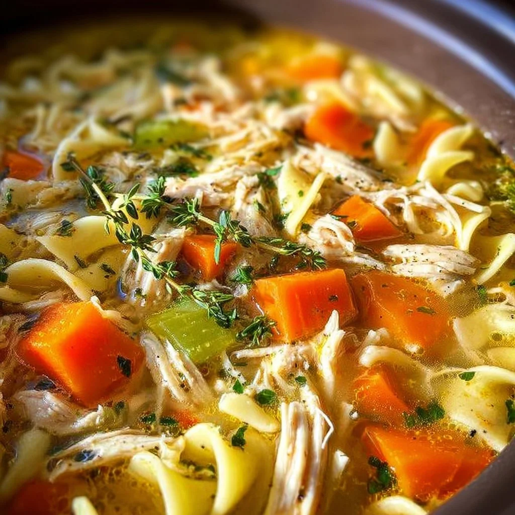 Delicious slow cooker chicken noodle soup in a bowl with fresh herbs