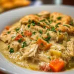 Delicious slow cooker chicken pot pie with vegetables and flaky crust