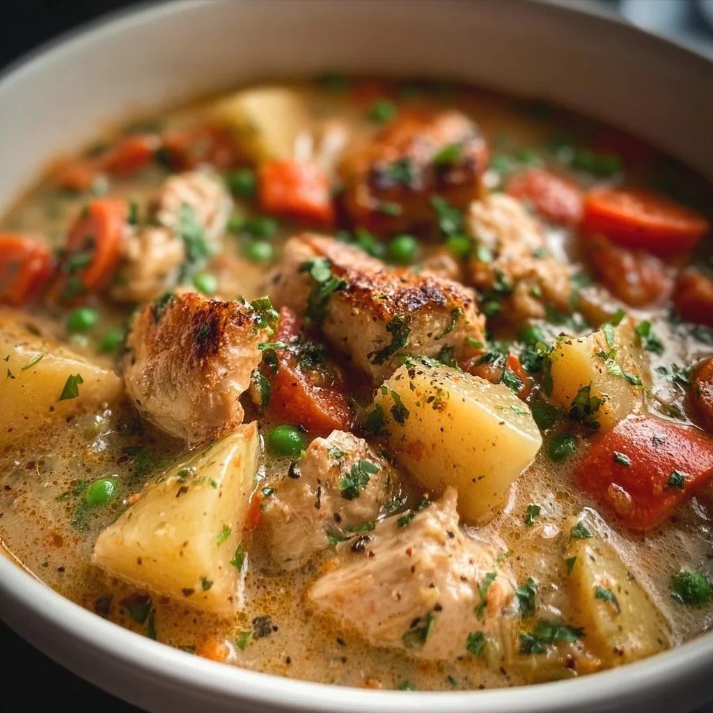 Bowl of hearty slow cooker chicken stew with vegetables and herbs