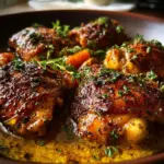 Delicious slow cooker chicken thighs served with herbs and vegetables