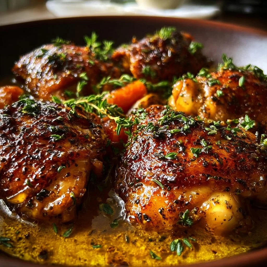 Delicious slow cooker chicken thighs served with herbs and vegetables