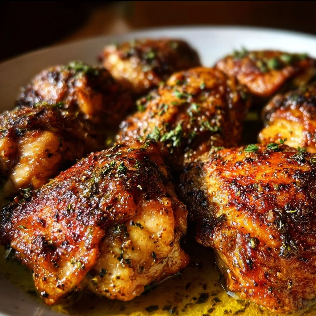 Delicious slow cooker chicken thighs garnished with herbs and spices