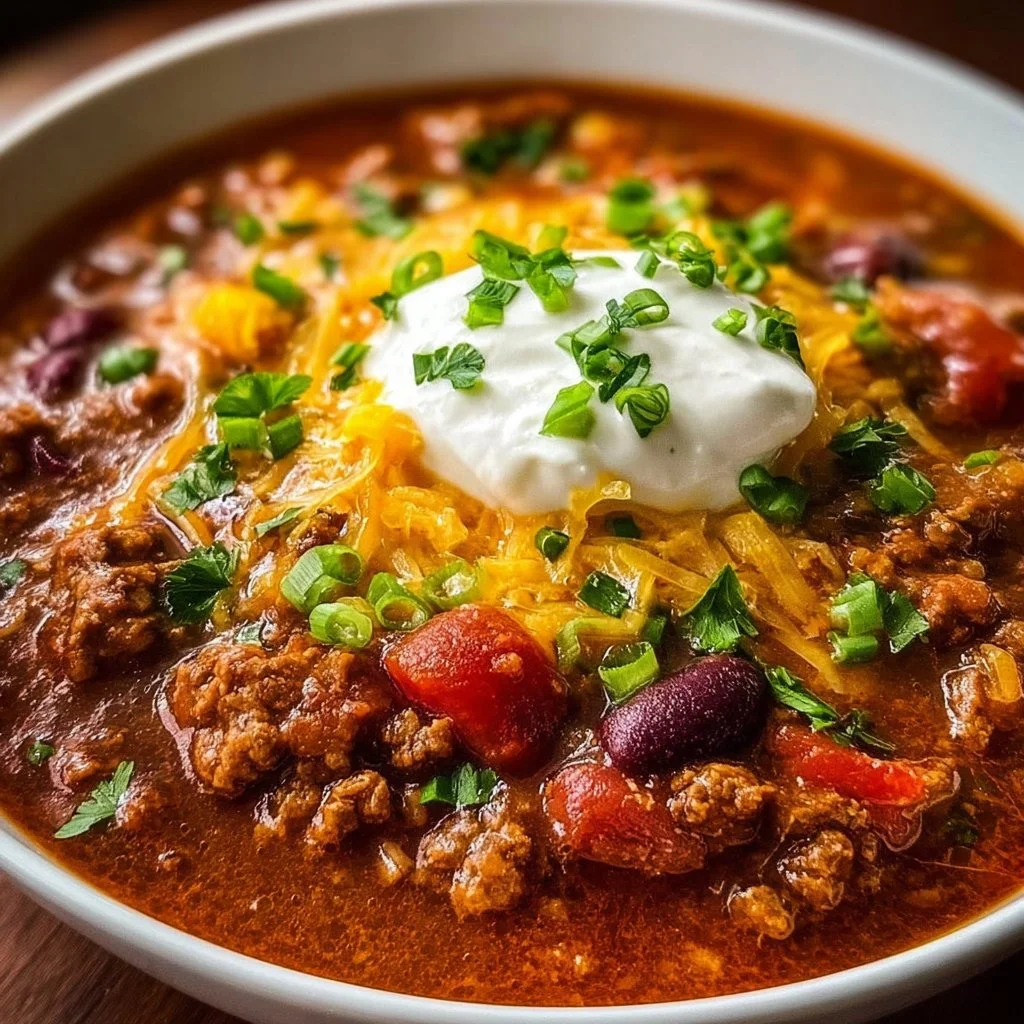 Bowl of slow cooker chili with beans, meat, and spices