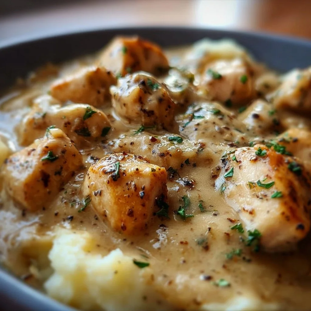 Slow Cooker Creamy Chicken & Gravy served in a bowl