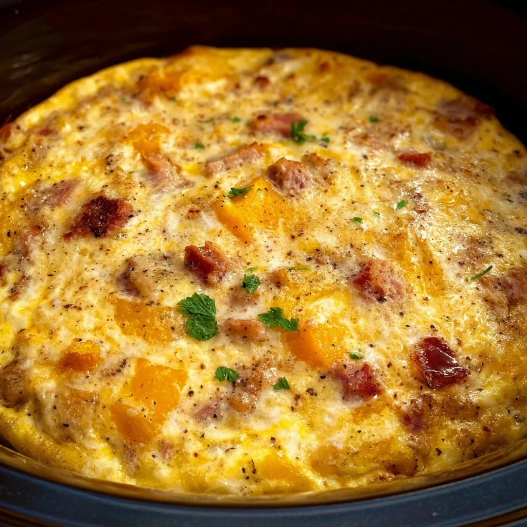 Slow cooker egg casserole topped with herbs and vegetables