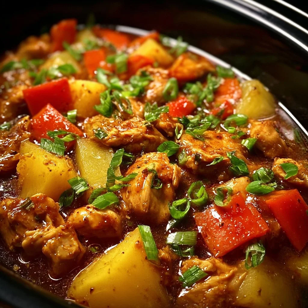 Delicious Slow Cooker Hawaiian Chicken served with pineapple and rice