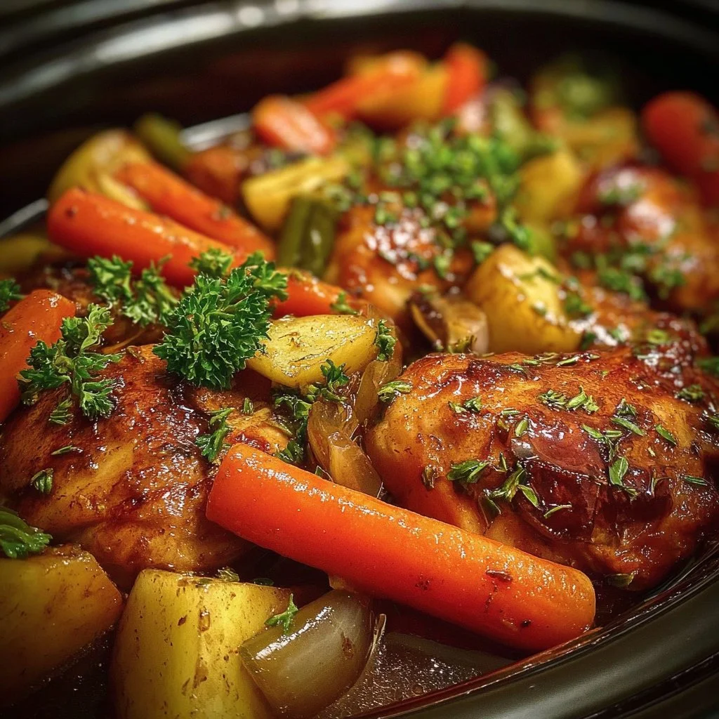 Slow Cooker Honey Garlic Chicken with fresh veggies in a tasty glaze