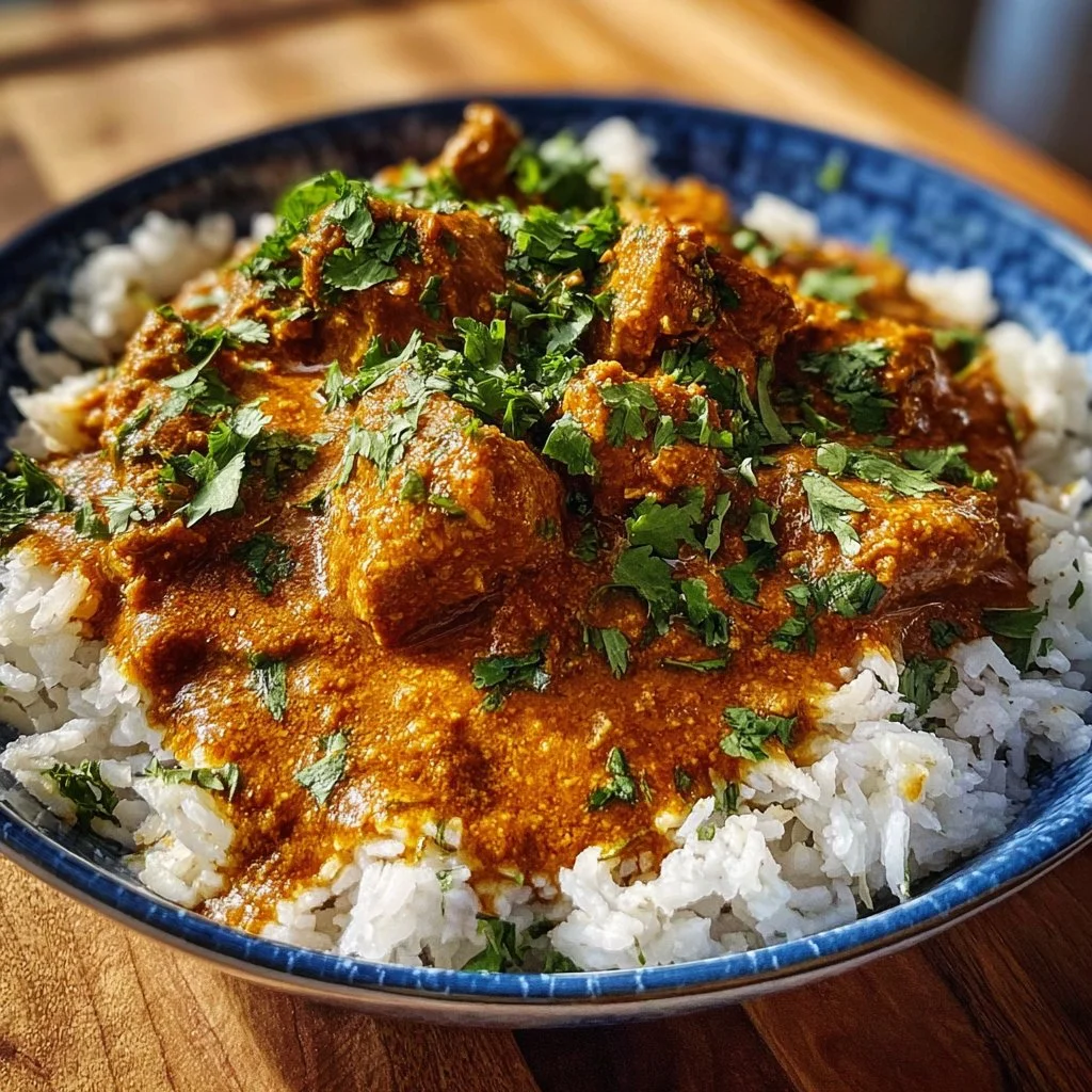 Delicious slow cooker Indian butter chicken garnished with fresh cilantro