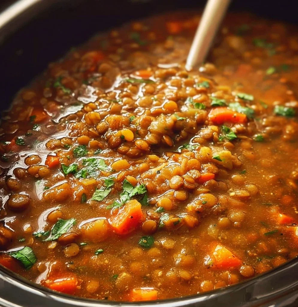 Bowl of slow cooker lentil soup garnished with herbs and vegetables
