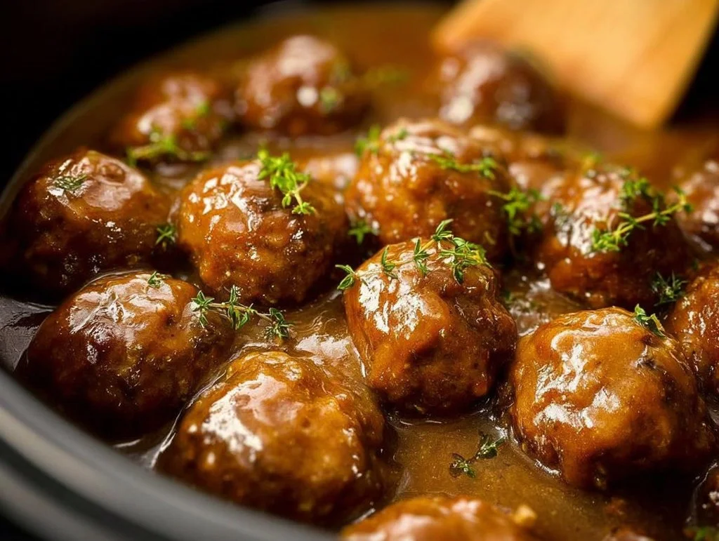 Delicious slow cooker meatballs in rich gravy served on a plate