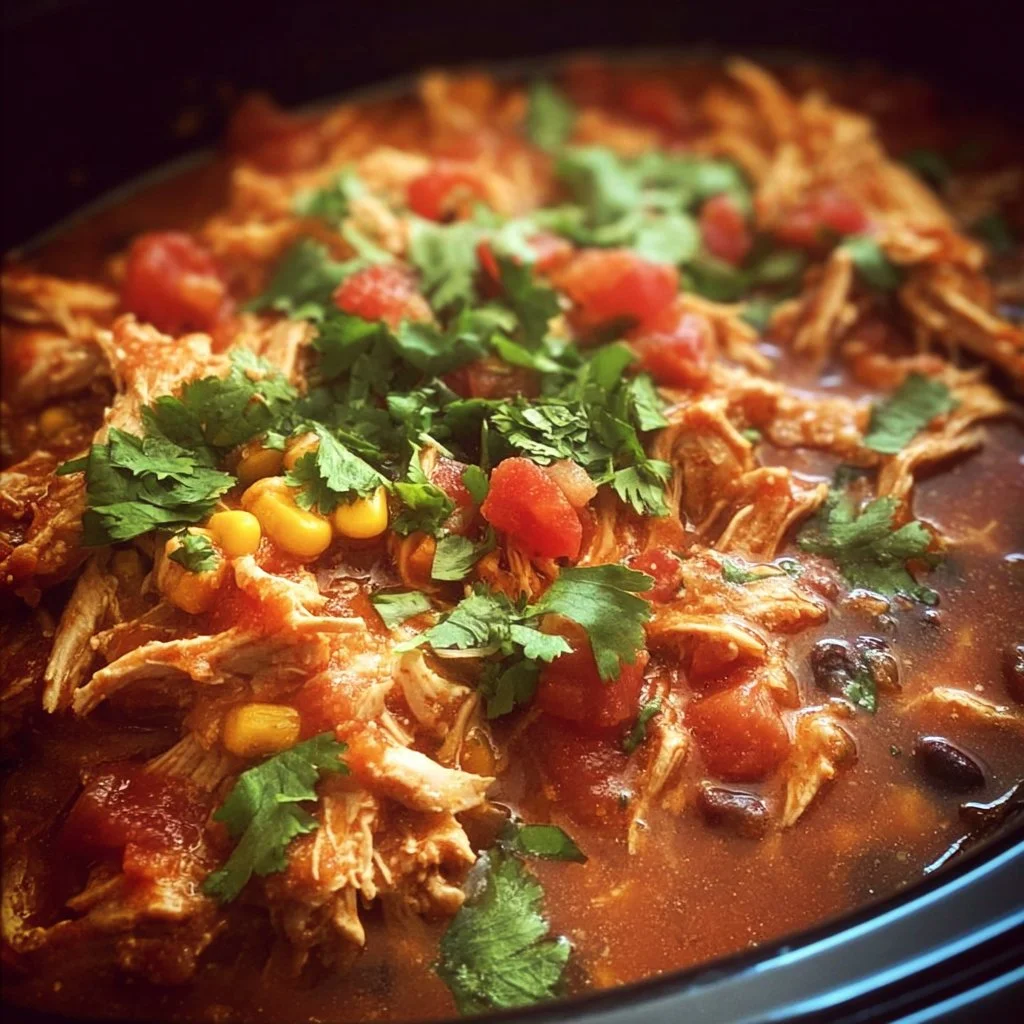 Delicious Slow Cooker Mexican Chicken served with fresh toppings
