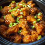 Delicious slow cooker orange chicken served on a plate with rice and vegetables