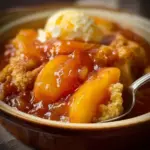 Delicious slow cooker peach cobbler served in a bowl with a scoop of ice cream
