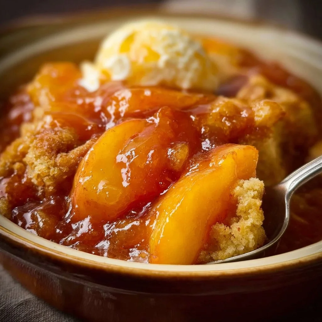 Delicious slow cooker peach cobbler served in a bowl with a scoop of ice cream