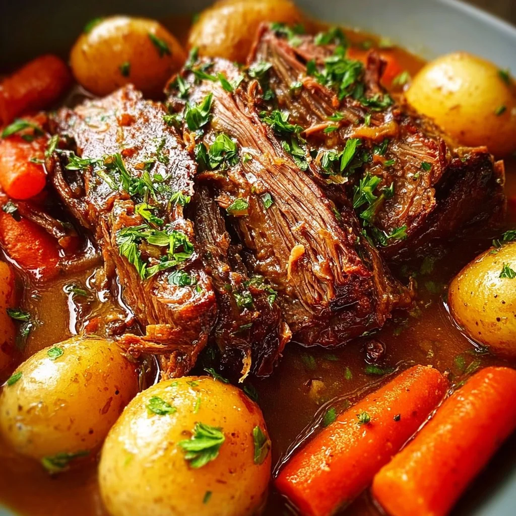Slow cooker pot roast topped with rich gravy on a serving platter.