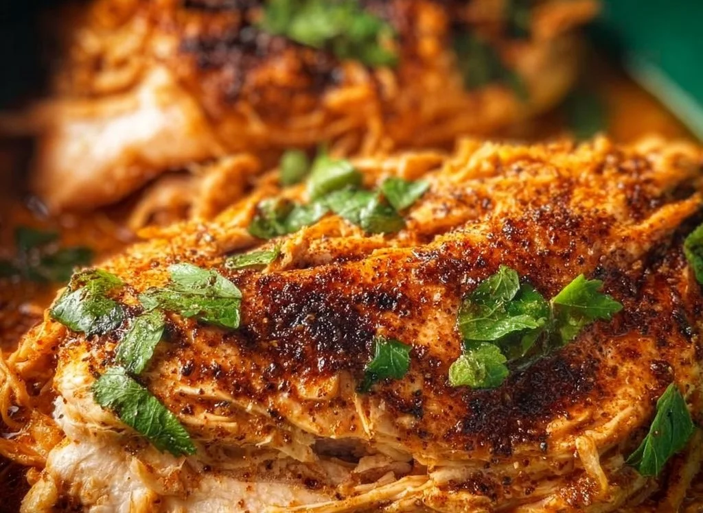 Slow Cooker Pulled Chicken in a savory sauce with fresh herbs