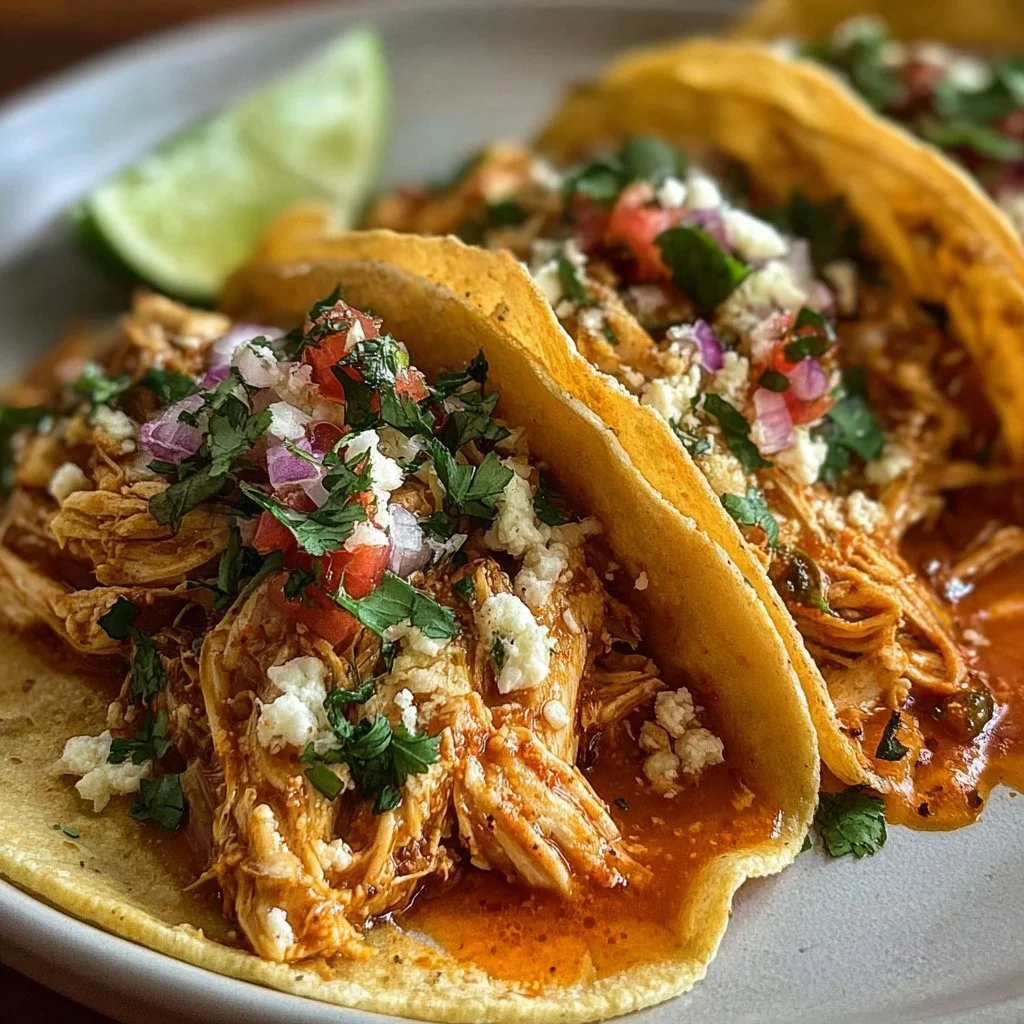 Delicious slow cooker queso chicken tacos topped with cheese and cilantro