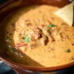 Delicious slow cooker queso dip served in a bowl with tortilla chips