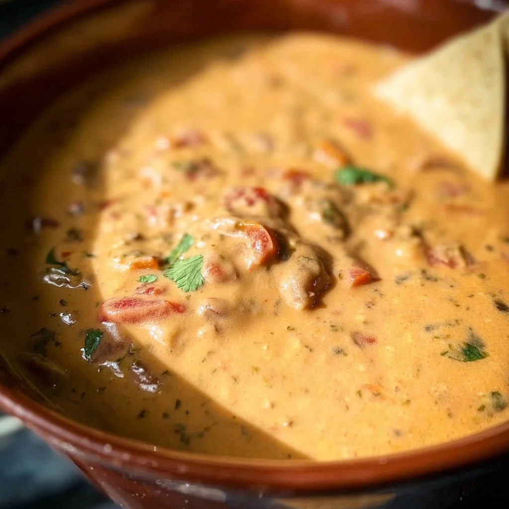 Delicious slow cooker queso dip served in a bowl with tortilla chips