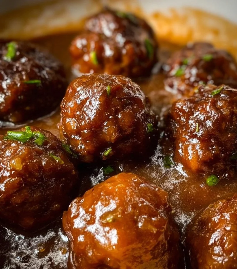 Slow Cooker Salisbury Steak Meatballs served on a plate with gravy