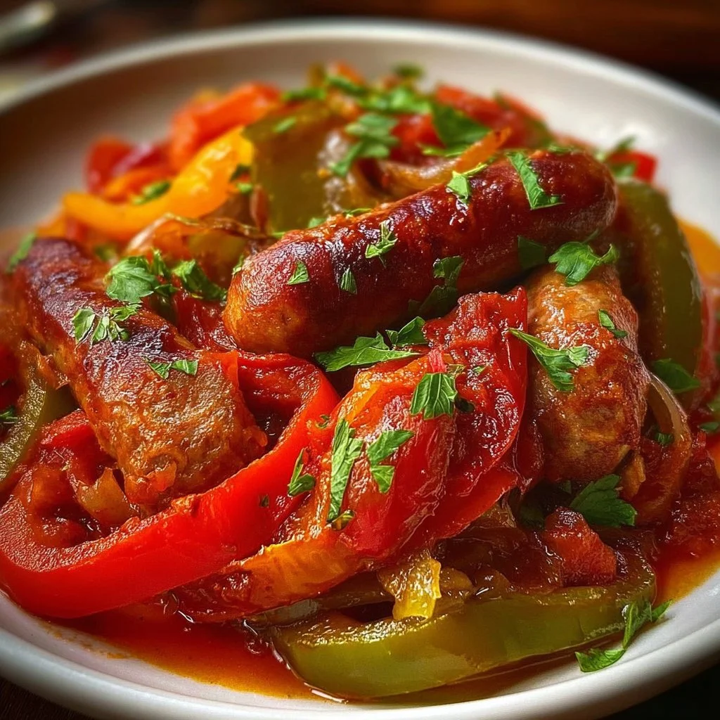 Slow cooker dish of sausage and peppers served in a bowl