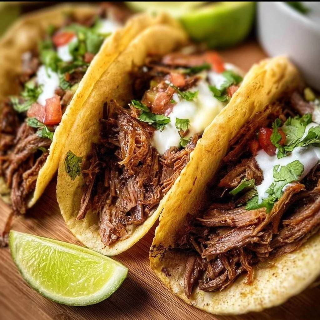 Delicious slow cooker shredded beef tacos topped with fresh ingredients
