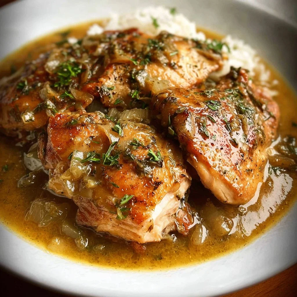 Slow Cooker Smothered Chicken served with creamy sauce and herbs