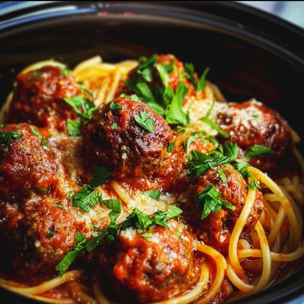 Delicious slow cooker spaghetti and meatballs served on a plate