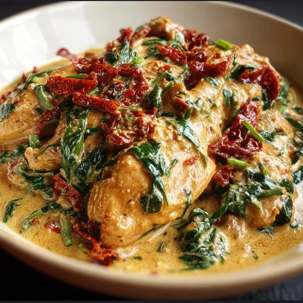Slow Cooker Tuscan Chicken with sun-dried tomatoes and spinach in creamy sauce