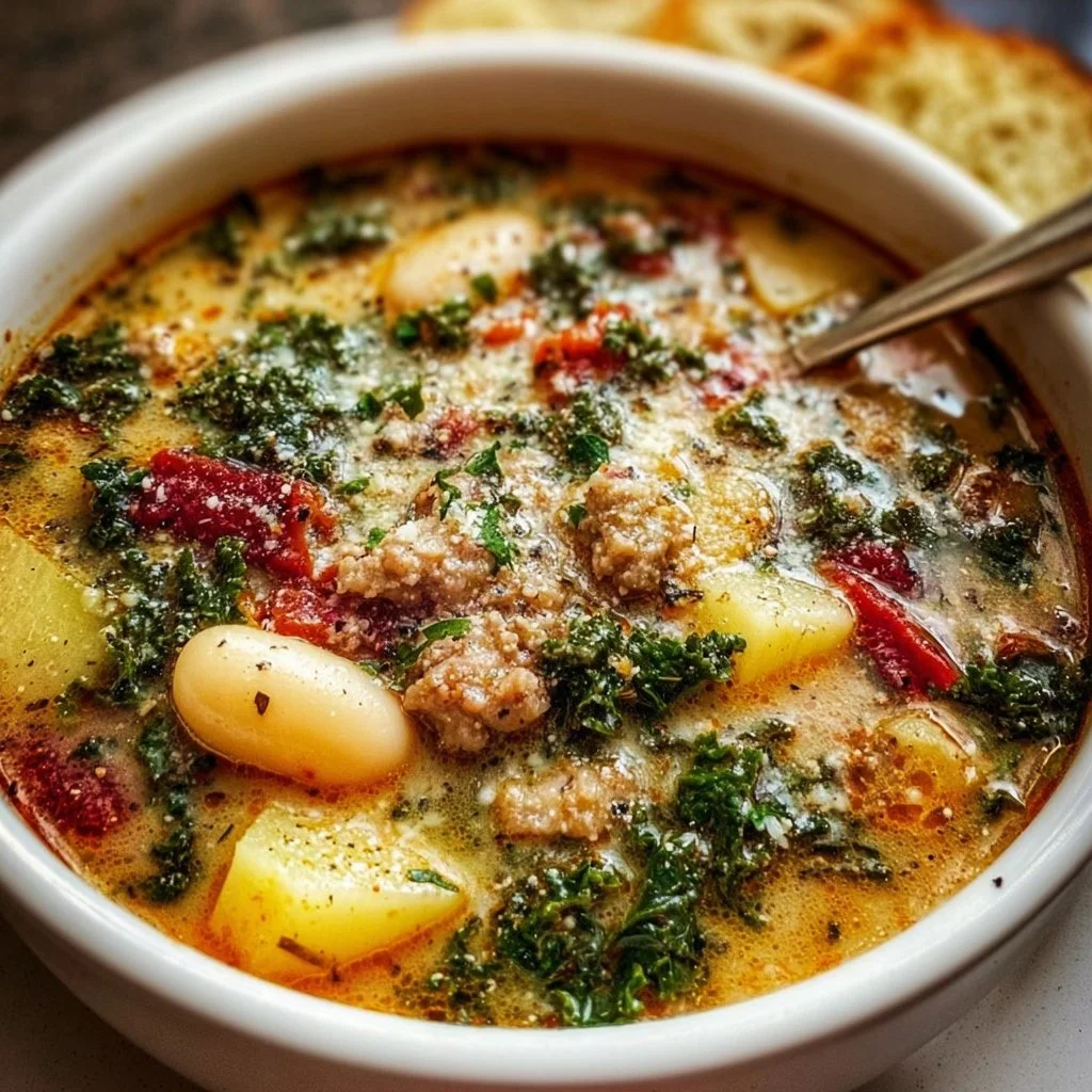 Bowl of Slow Cooker Tuscan Soup with fresh herbs and vegetables