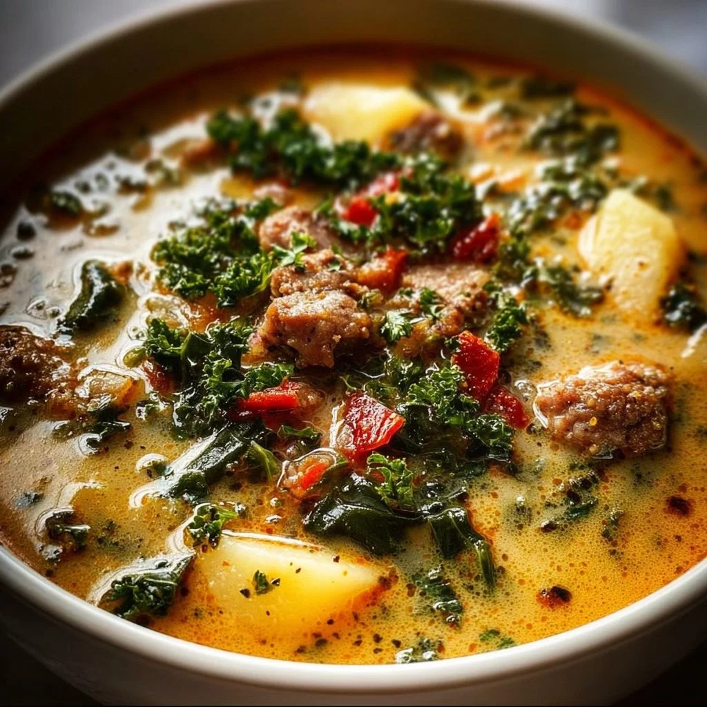Bowl of Slow Cooker Tuscan Soup filled with fresh vegetables and spices