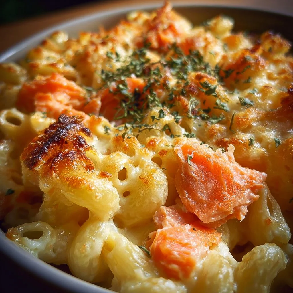 Bowl of creamy smoked salmon mac and cheese topped with breadcrumbs