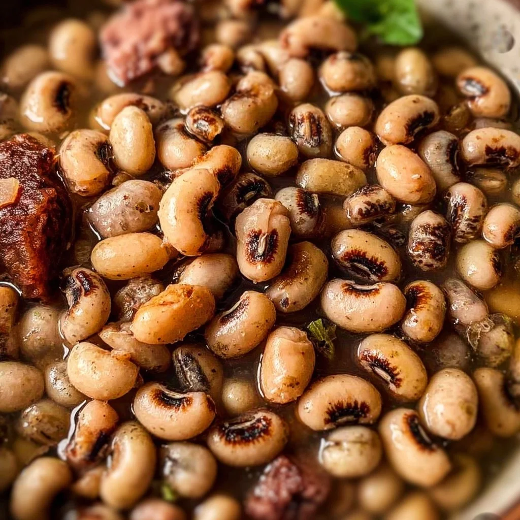 Bowl of Southern Black Eyed Peas garnished with herbs and spices